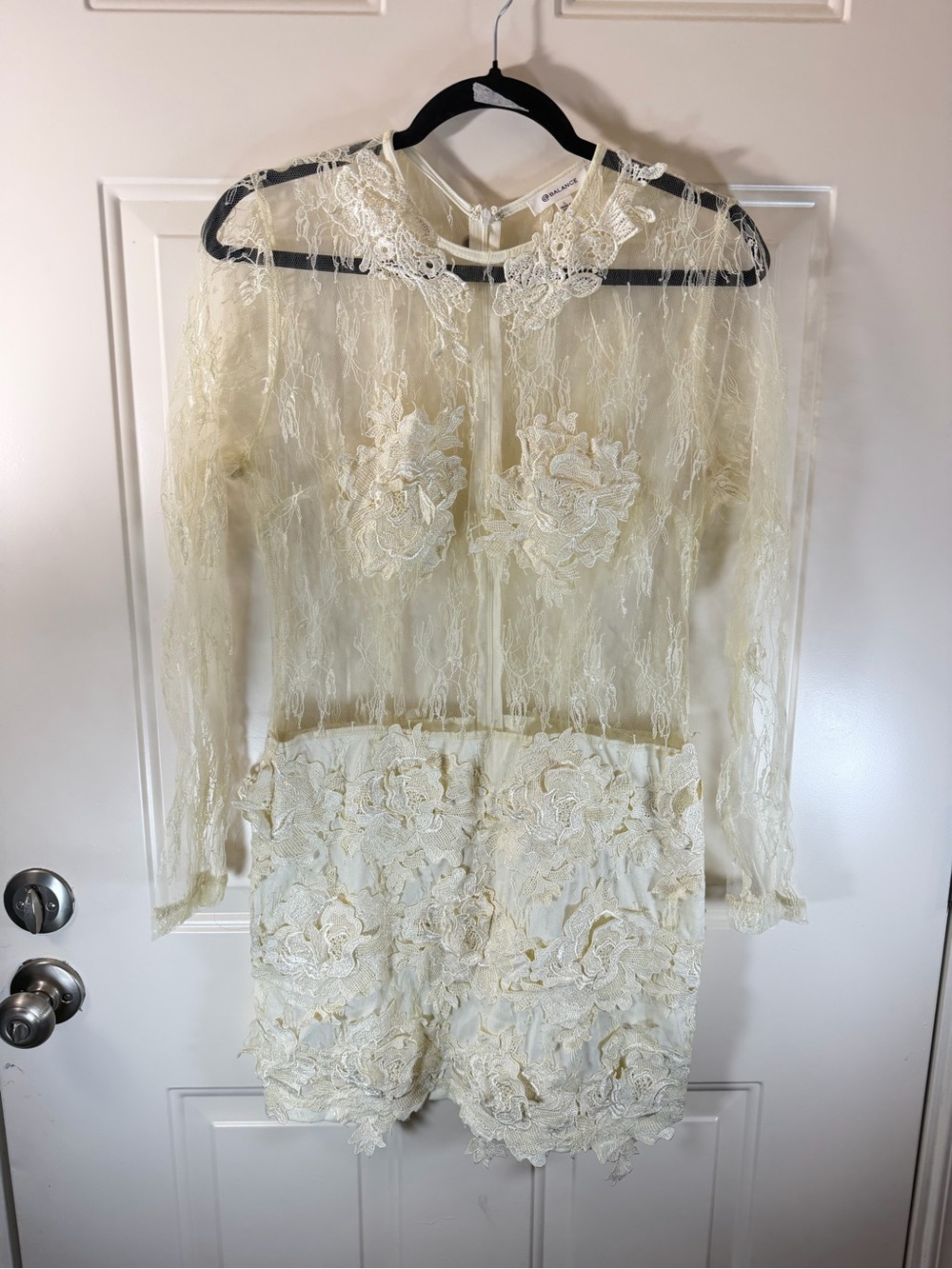 Balance Ivory Sheer Lace Floral Appliqué Mini Dress L 0339